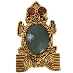 Vintage Frog Brooch Gold Tone Green Red Cabochon Mezoamerican Abstract Design